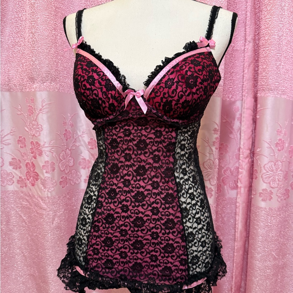 Victoria's Secret Black and Pink Lace Chemise